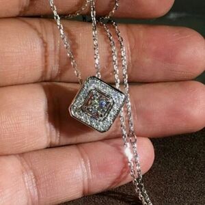Elegant Square Halo Pendant Necklace - Silver Tone with Sparkling Center